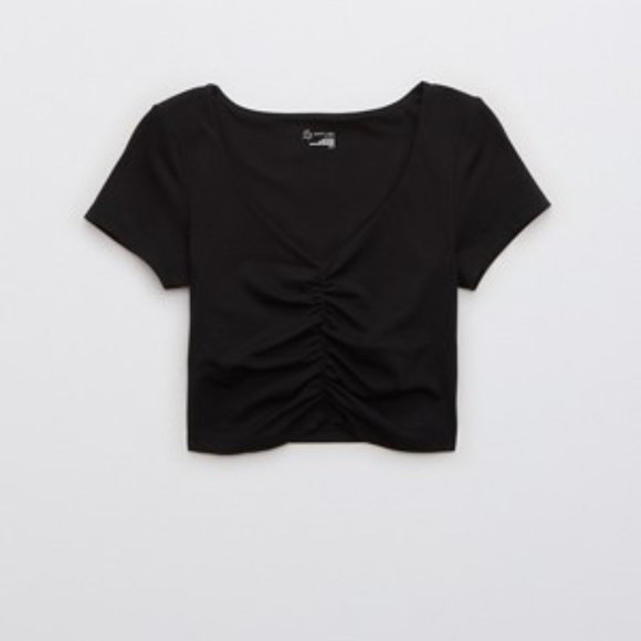 Aerie offline real me true black ruched crop top t-shirt  XXL NWOT - Picture 2 of 4